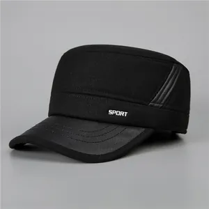 Men Winter Warm Flat Top Cadet Cap Woolen Blend Ear Protection Hat Casual Outdoor PU Leather Spliced Baseball Cap For Men