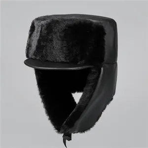 Mens winter trapper hat in black faux leather with warm fur lining and ear flaps