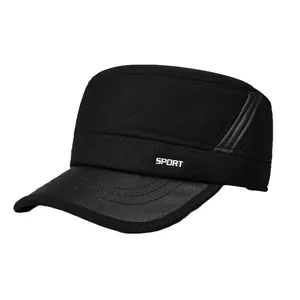 Men's winter cadet cap with warm ear protection, black cotton and leather visor