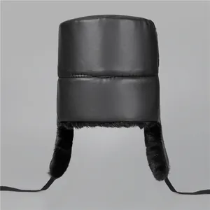 Men's winter aviator trapper hat in black faux leather with thick thermal plush lining