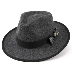 Classic dark grey wool felt fedora hat with paisley bow and golden button accent