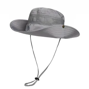 Grey breathable outdoor sun hat with mesh panels and adjustable chin strap for fishing