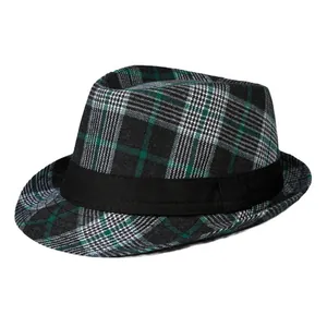 Cappello fedora classico a quadri britannici con nastro nero e motivo pied-de-poule