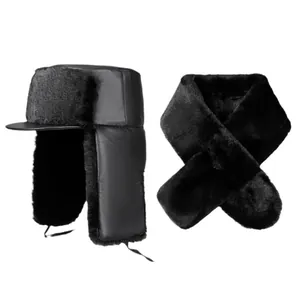 Winter ushanka hat and scarf set for men with thick black faux fur lining for cold weather
