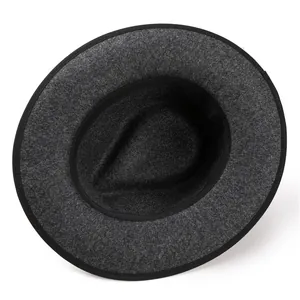 Top view detail of high-quality wool felt fedora showing interior structure and black trim