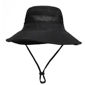 Close-up of mesh ventilation band and adjustable chin strap on black sun hat
