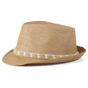 Classic straw fedora hat with vintage woven band, breathable summer sun protection style