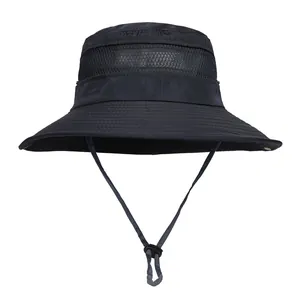 Detail of outdoor sun hat with breathable mesh crown and adjustable chin strap