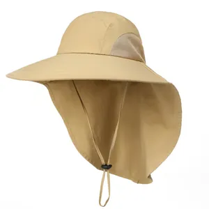 Details des khakifarbenen Outdoor-Sonnenhuts mit atmungsaktivem Mesh und breitem Nackenschutz