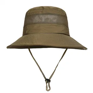 Detail of outdoor sun hat featuring breathable mesh panel and adjustable windproof chin strap
