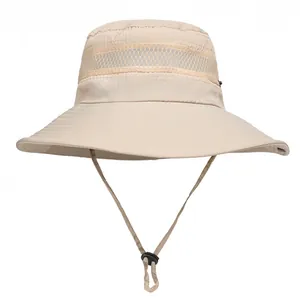 Detail showing the breathable mesh layer and adjustable drawstring on a khaki sun hat