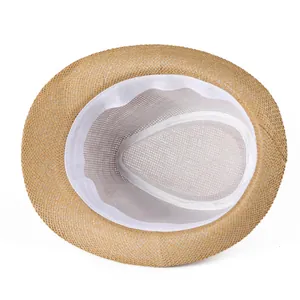 Detail view of woven straw hat featuring breathable white mesh lining and sweatband