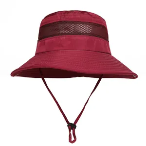 Detail of dark red outdoor sun hat showing mesh vent and adjustable windproof strap