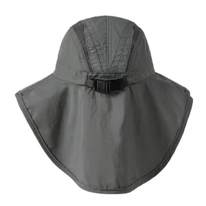 Dark grey outdoor sun hat with neck flap, breathable mesh and adjustable strap