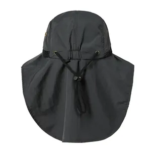 Detail view of dark grey fishing hat showing breathable mesh and adjustable toggle