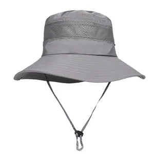 Dark gray outdoor bucket hat with breathable mesh and adjustable windproof cord