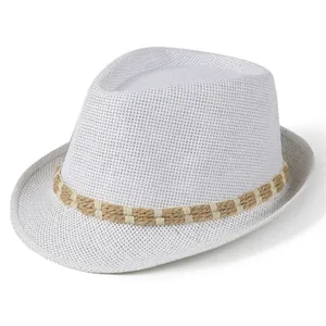 Detailed view of the white woven fedora hat featuring a stylish textured band