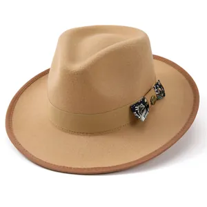 Close-up of camel wool fedora hat featuring paisley bow tie and antique copper button