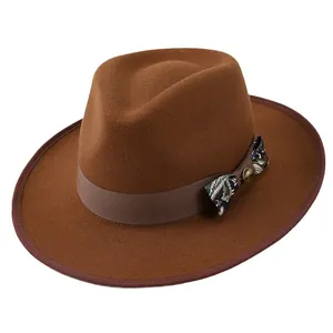 Classic wool fedora hat in caramel brown with paisley bow and vintage brass buckle