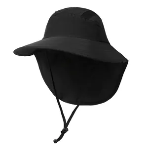 Detail of breathable mesh vent and protective neck flap on a black outdoor sun hat