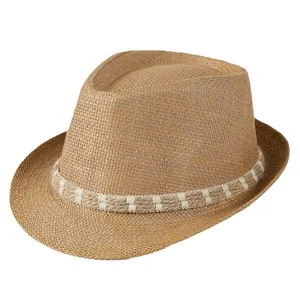 Classic straw fedora hat for men and women featuring a woven band on white background