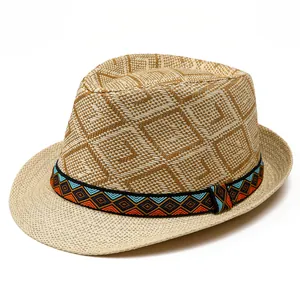Vintage Straw Fedora Hat For Men Women Sun Protection Breathable Summer Beach Hat With Ethnic Style Geometric Ribbon Band