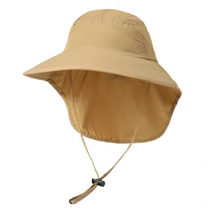 Detail of khaki sun hat featuring breathable mesh panels and a wide neck protective flap