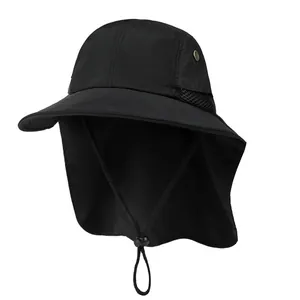 Men's outdoor fishing hat with wide brim and neck flap for 360 sun protection in black