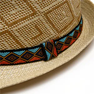 Macro detail of natural straw fiber weave and ethnic geometric pattern ribbon on the fedora