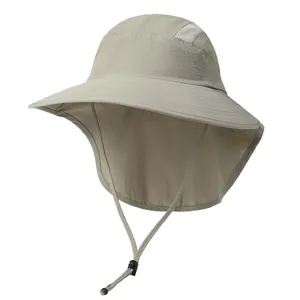 Detail of outdoor sun hat featuring side breathable mesh, neck flap and adjustable chin strap