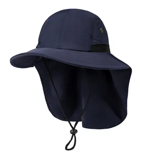 Detail of navy blue sun hat with wide brim, neck flap and breathable mesh panel
