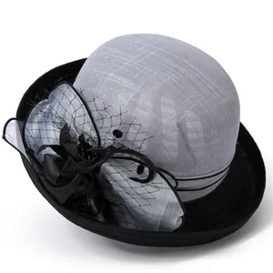 Elegant grey and black linen hat for women with mesh, feathers and floral accents