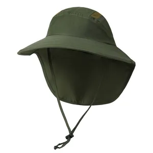 Detail of army green sun hat showing breathable mesh, wide brim and neck flap