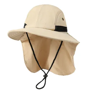 Men's outdoor sun hat with wide brim and neck flap protection in khaki quick-dry fabric