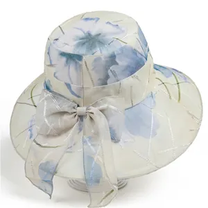 Women Breathable Mesh Sun Hat Floral Print Wide Brim Bucket Hat With Large Bow Elegant Outdoor UV Protection Beach Hat
