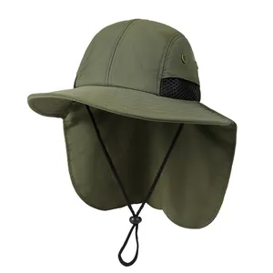 Detail of army green sun hat with wide brim, neck flap and breathable mesh side vents