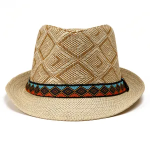 Detailed macro shot of a straw fedora featuring geometric patterns and ethnic ribbon