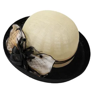Elegant vintage linen sun hat with black floral mesh veil and wide brim for women