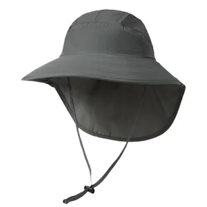 Men's outdoor sun hat with wide brim, neck flap and mesh vents for UV protection in dark grey