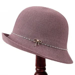 Elegante Damen Strick Anglerhut Mit Strass Schleife Und Kunstperle Vintage Glockenhut Sonnenschutz Viskose Nylon Top