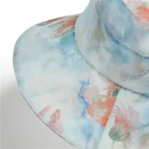 Detailed close-up of wide-brimmed sun hat featuring floral print and breathable mesh texture