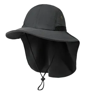 Men's outdoor sun hat with neck flap and wide brim for fishing, breathable grey fabric