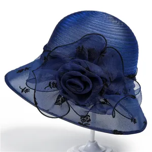 Detailed close-up of Navy blue organza sun hat with mesh rose flower and floral embroidery