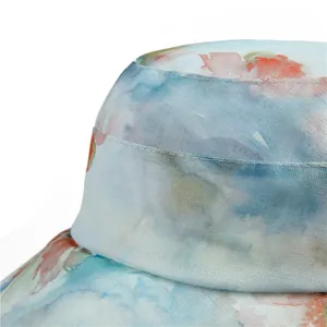 Detail of floral printed sun hat showing breathable fabric and fine stitching patterns
