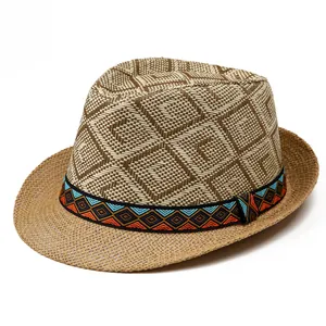 Classic woven straw fedora hat with geometric patterns and colorful ethnic band