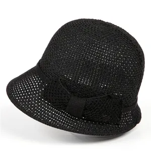 Chapeau cloche noir en maille ajourée pour femme avec nœud, protection solaire et respirant