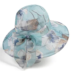 Light blue floral sun hat for women with organza plaid texture and bow decoration
