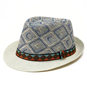 Men's retro straw fedora hat featuring blue diamond pattern and ethnic woven band