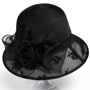 Elegant black organza sun hat for women with large floral applique and rose embroidery details