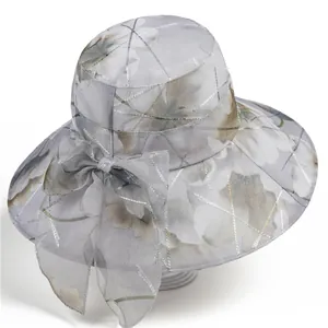Light gray wide brim sun hat with floral pattern and silver thread for elderly women
